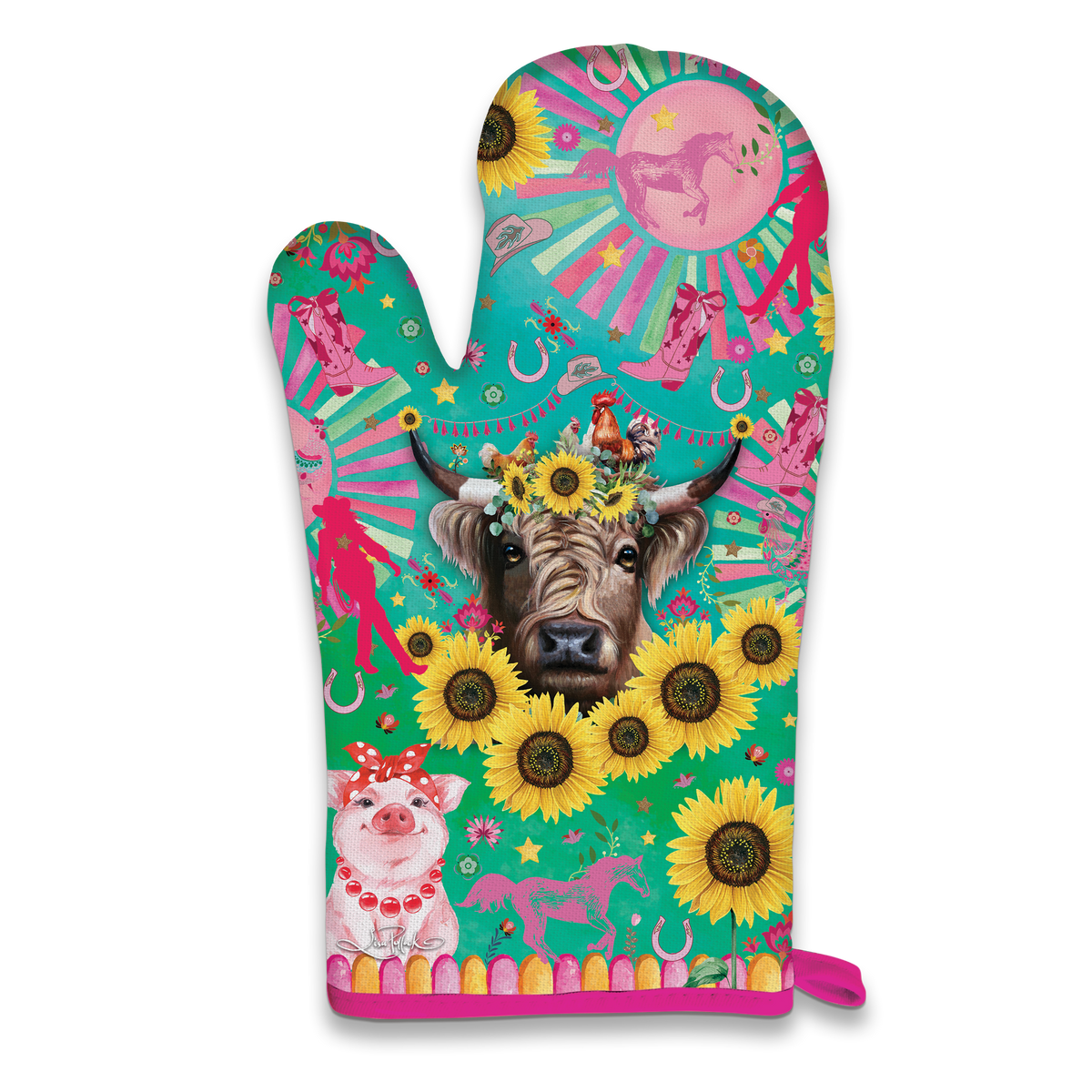 Lisa Pollock Carnival Cow Mitt Holder. Colorful oven mitt with cow, sunflowers, and pink elements on a white background