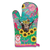 Lisa Pollock Carnival Cow Mitt Holder. Colorful pot holder with a cow, sunflowers, and pink border on a white background
