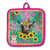 Lisa Pollock Carnival Cow Mitt Holder. Colorful pot holder with a cow, sunflowers, and pink border on a white background