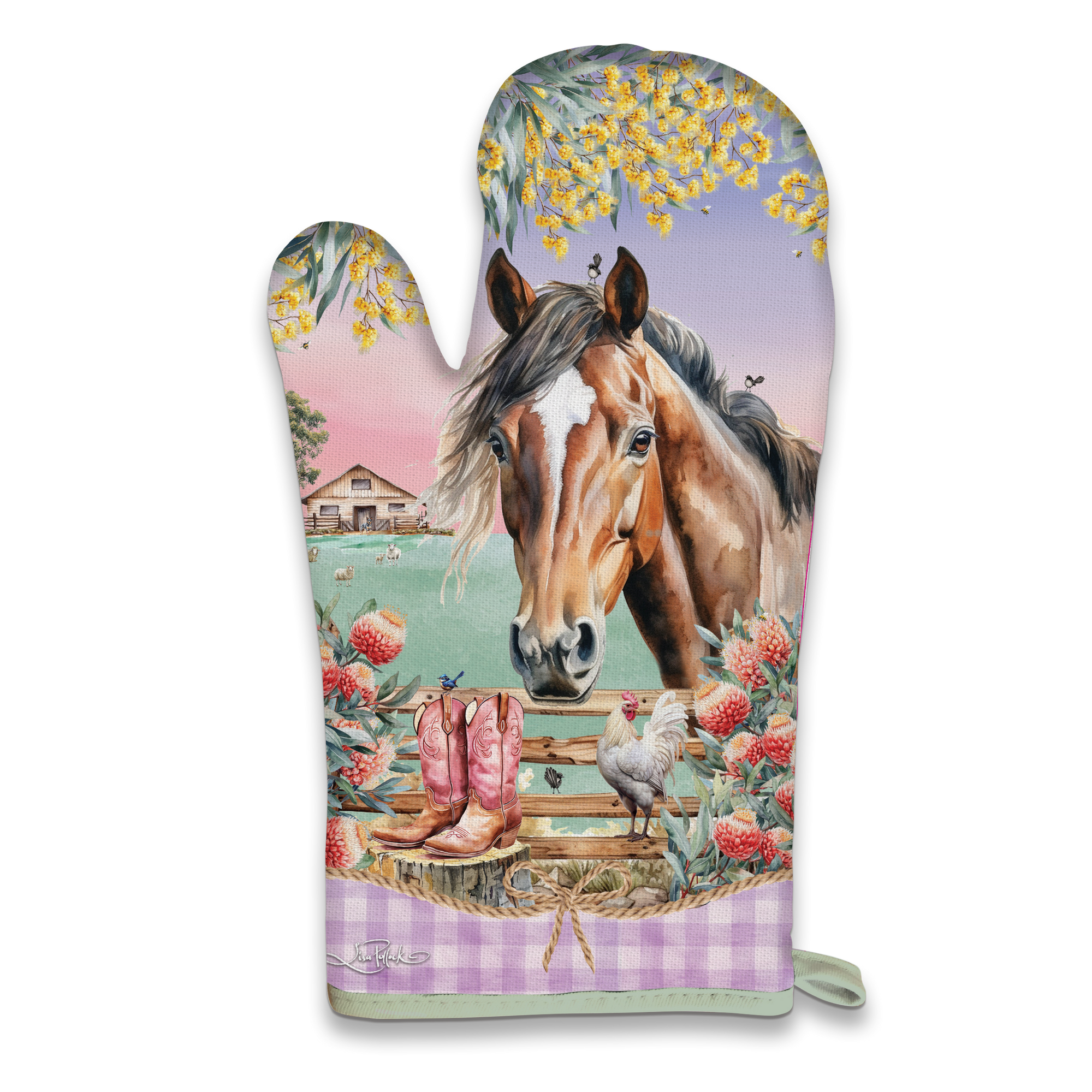 Lisa Pollock Country Dusk Mitt Holder. Potholder with horse and cowboy boot design on a purple checkered background