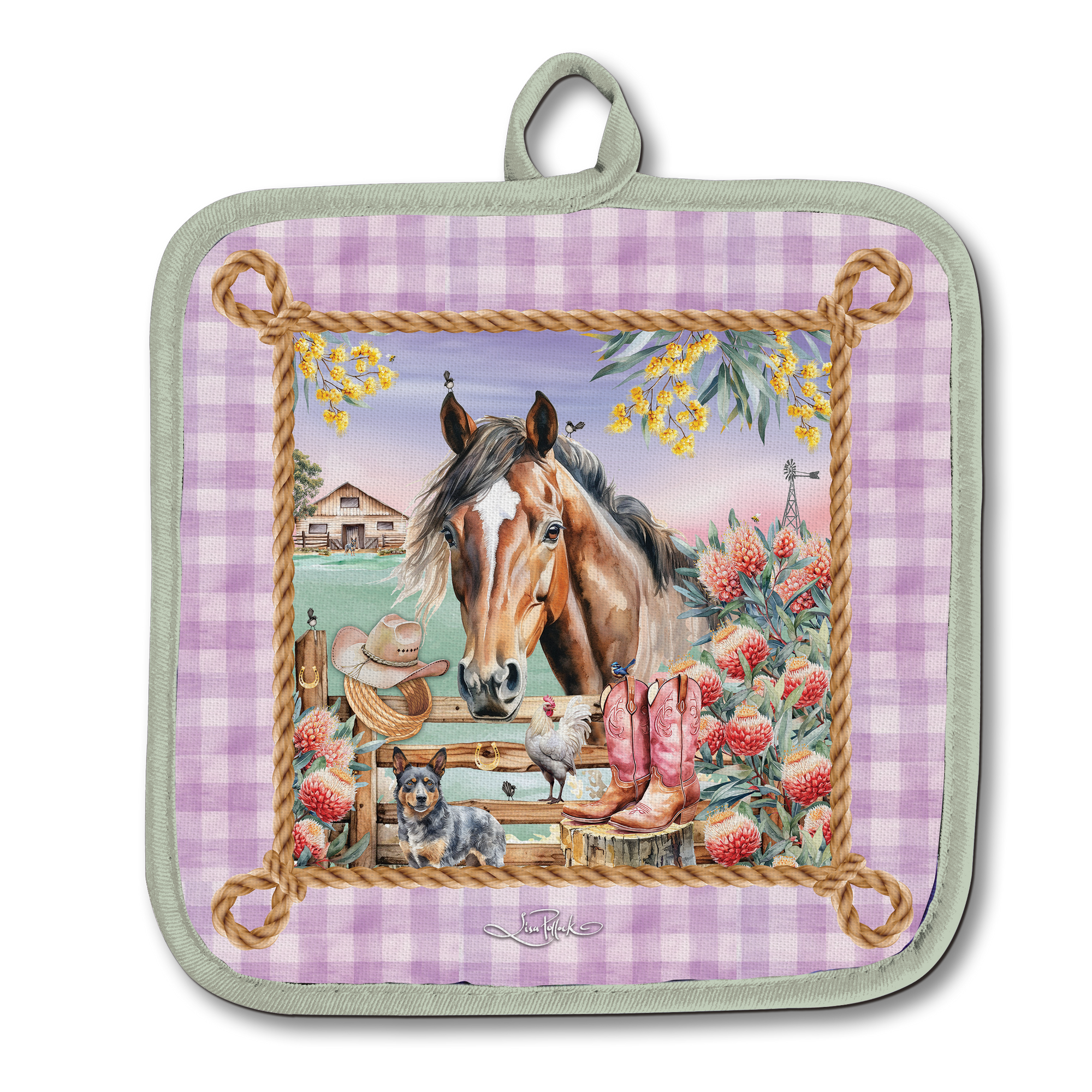 Lisa Pollock Country Dusk Mitt Holder. Potholder with horse and cowboy boot design on a purple checkered background