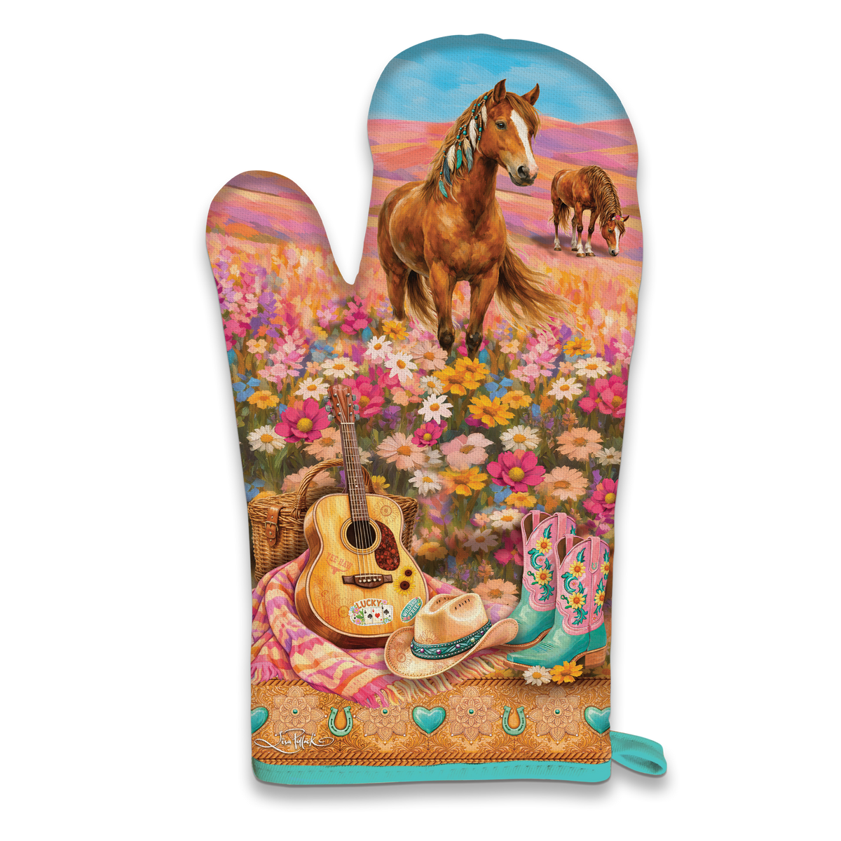 A single oven mitt with a colorful western-themed print featuring a brown horse in a flower field, a guitar, cowboy boots, a hat, and horseshoes, shown on a plain white background.