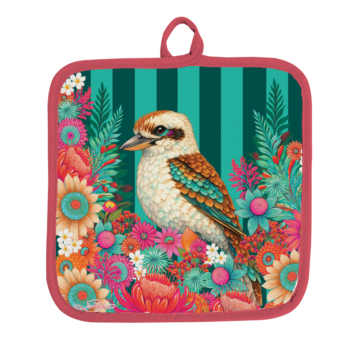 A square potholder or kitchen towel with a colorful printed design featuring a kookaburra bird surrounded by bright flowers, set against a teal and dark green striped background with a pink border and top loop.