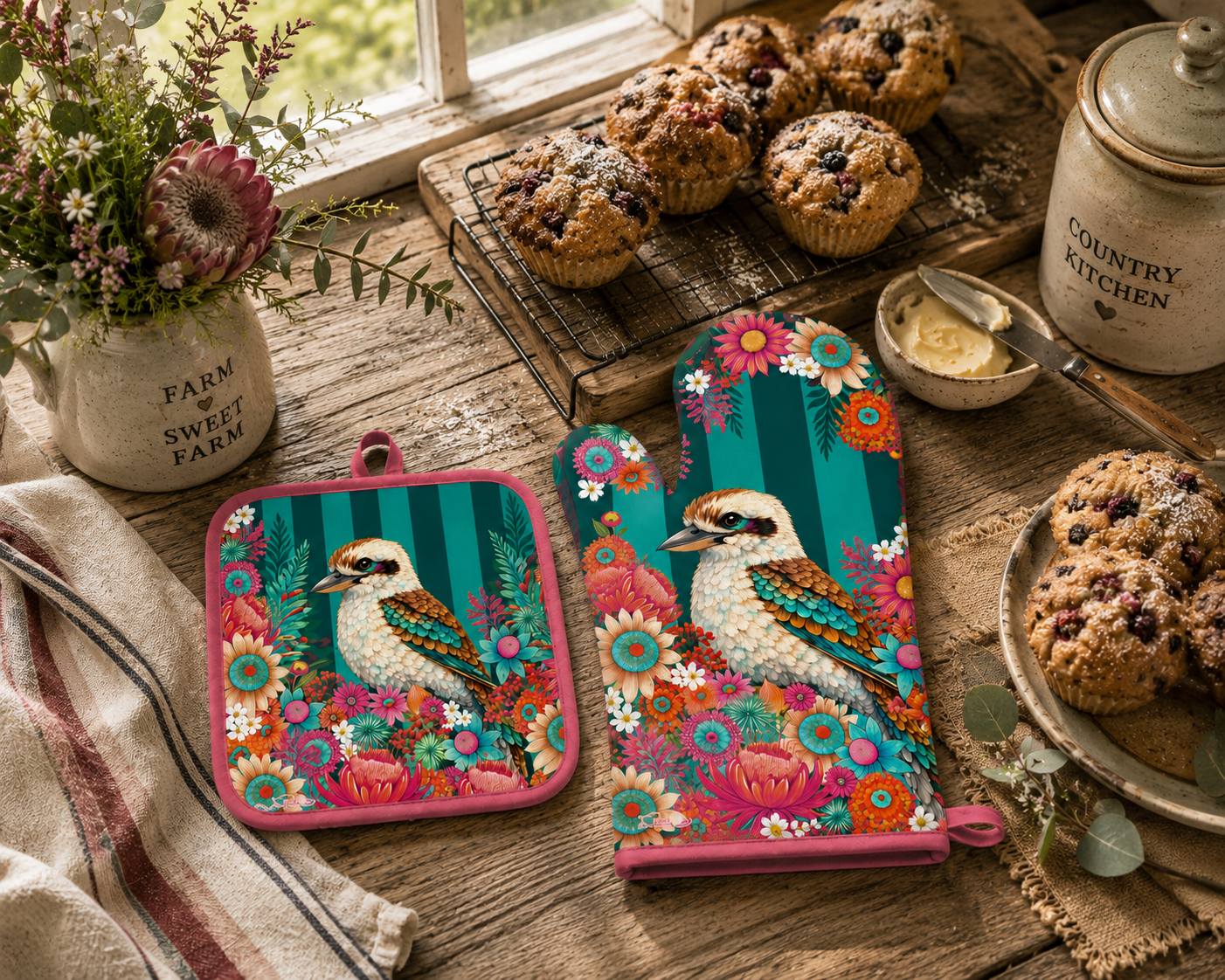 Two kitchen oven mitts with a colorful kookaburra and floral design are displayed on a rustic wooden table alongside muffins, a jar, and a striped towel. The mitts feature a bright pink border and a teal background with a detailed bird and floral pattern.