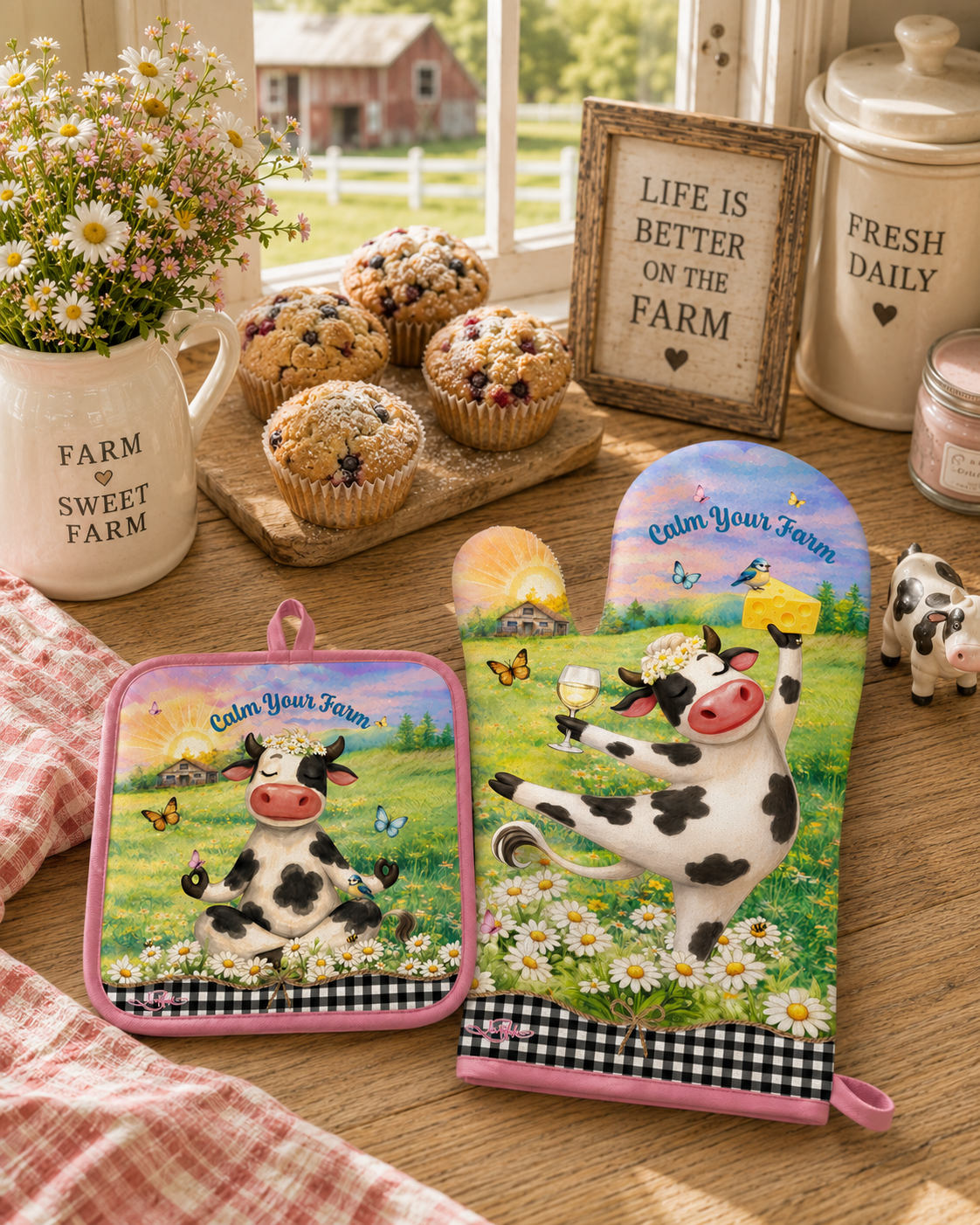 Two decorative kitchen oven mitts with a whimsical cow-and-farm illustration are displayed on a wooden table in a styled farmhouse kitchen scene. The mitts feature a black-and-white cow in a green field with daisies, butterflies, and the words 'Calm Your Farm.