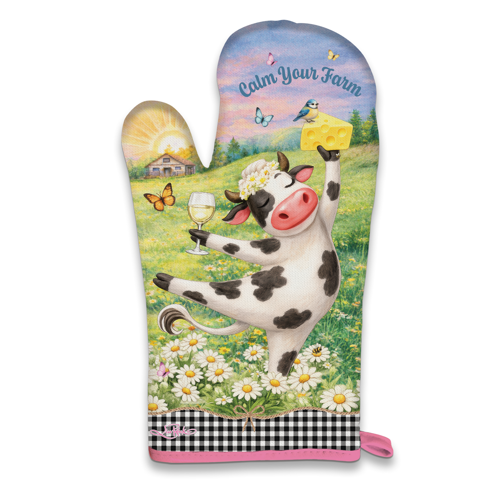 A single oven mitt with a colorful cartoon illustration of a cow holding a block of cheese in a field of daisies, with a sunset sky, butterflies, birds, and the words 'Calm Your Farm' printed on it. The mitt has a black-and-white gingham band and pink trim at the bottom.