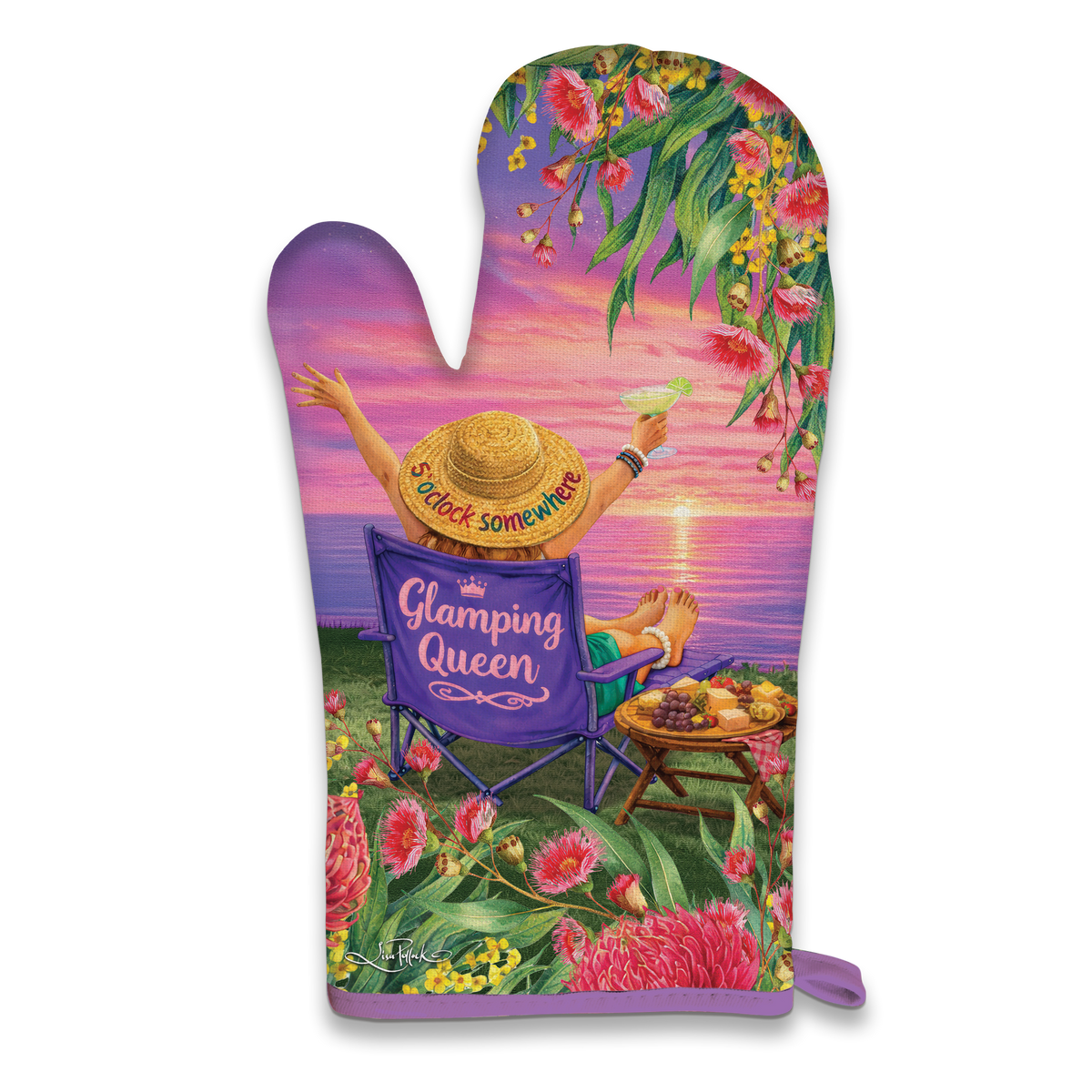 A single oven mitt featuring a colorful illustrated scene of a woman reclining in a purple beach chair by the ocean at sunset, with flowers, greenery, and the text 'She's Glamping Queen' and 'Suck it Somewhere' visible.