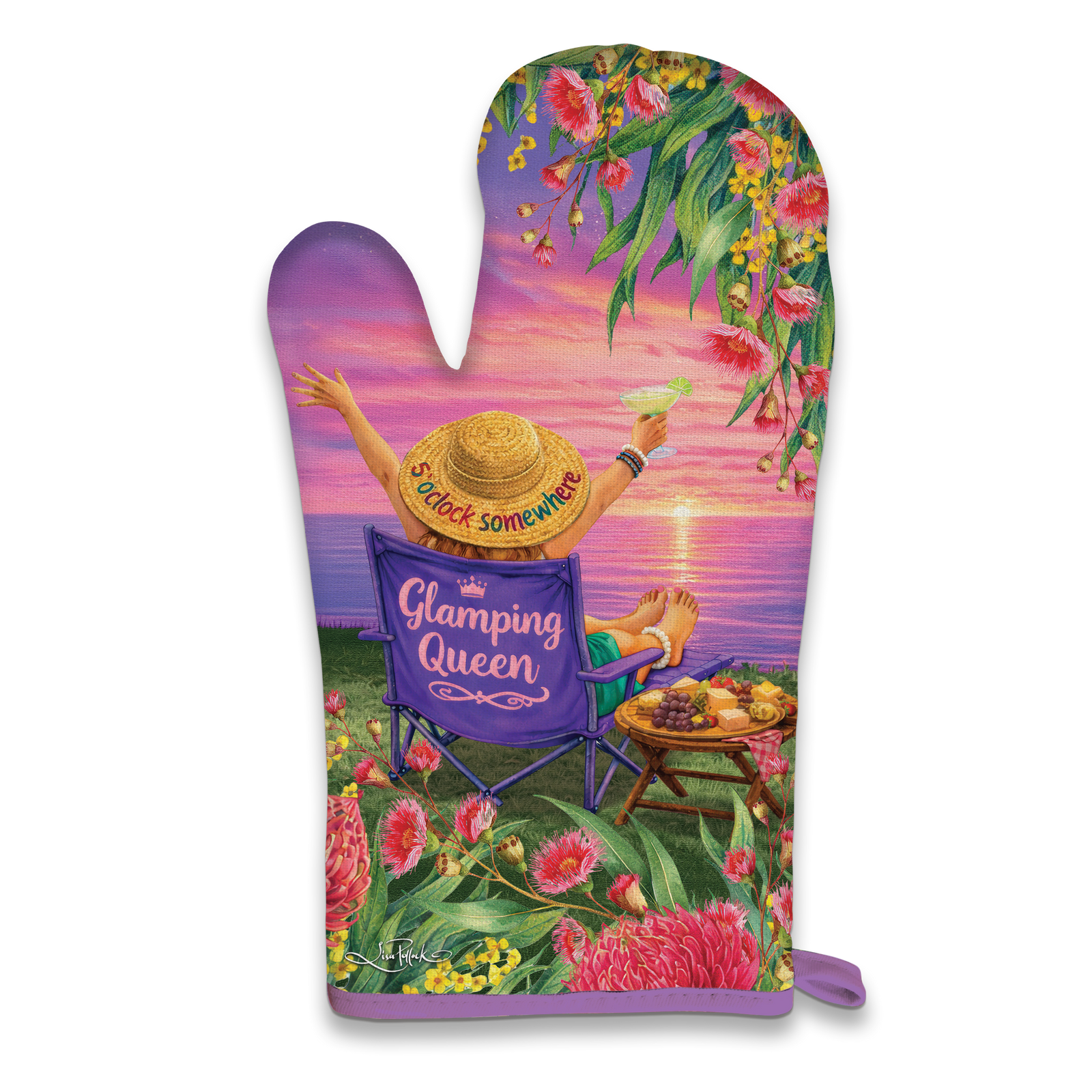A single oven mitt featuring a colorful illustrated scene of a woman reclining in a purple beach chair by the ocean at sunset, with flowers, greenery, and the text 'She's Glamping Queen' and 'Suck it Somewhere' visible.