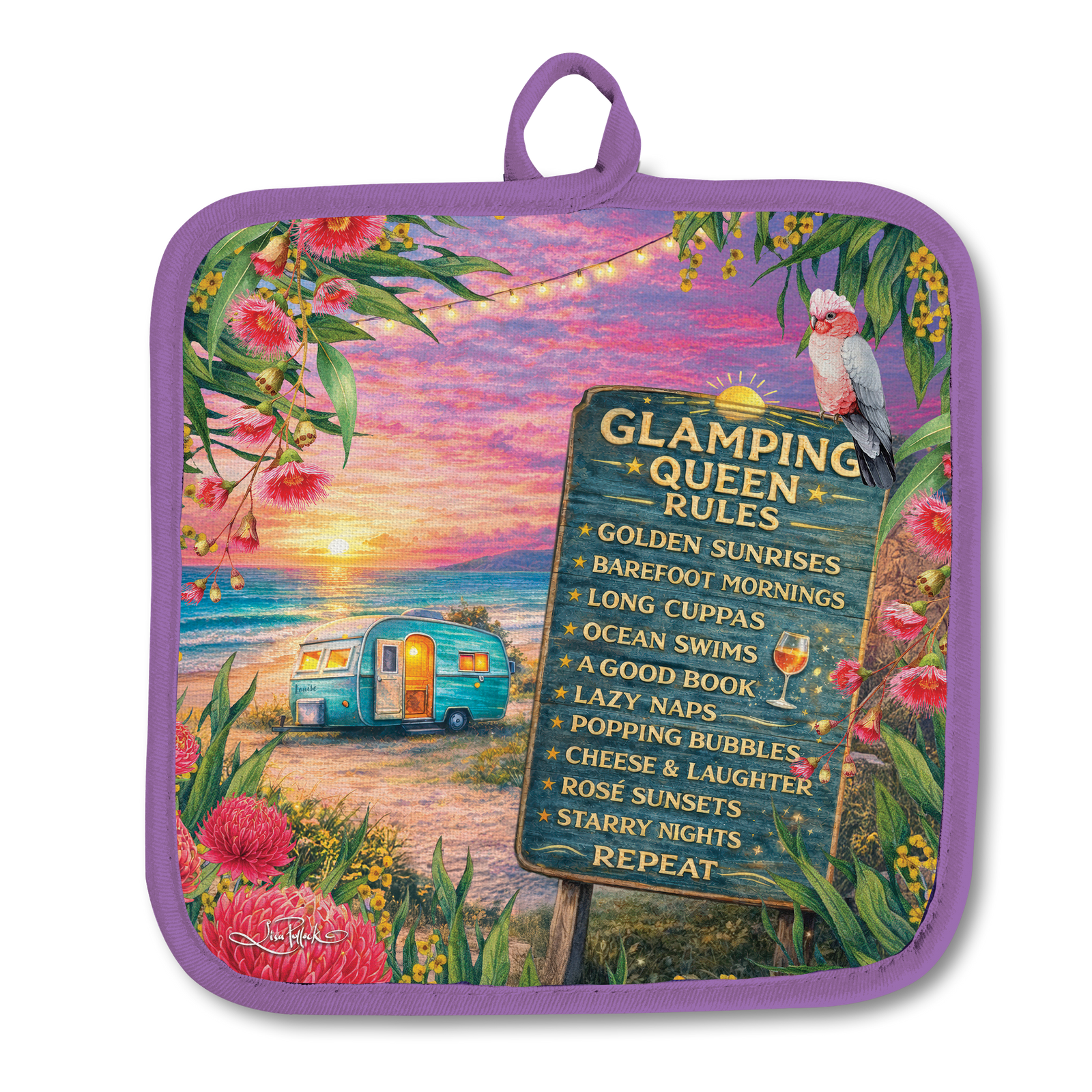A square potholder with a purple fabric border and a colorful printed design. The artwork shows a beach campsite at sunset with a blue camper, flowers, a sign reading 'Glamping Queen Rules,' and a small bird perched on the sign.