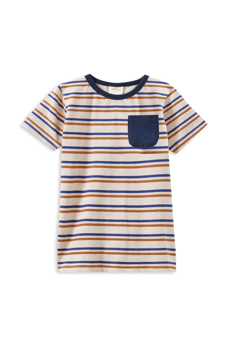 Milky Mini Stripe Pocket Tee. Striped t-shirt with a pocket on a white background
