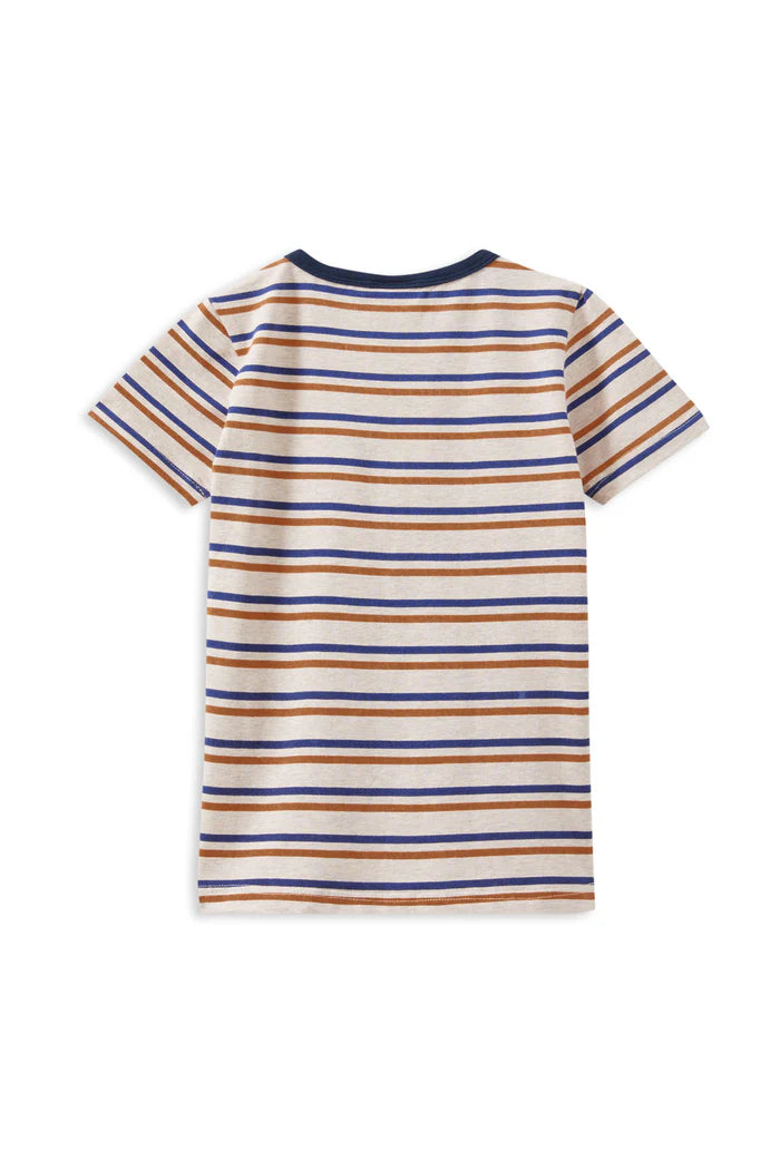 Milky Mini Stripe Pocket Tee. Striped t-shirt with blue, orange, and white colors on a white background