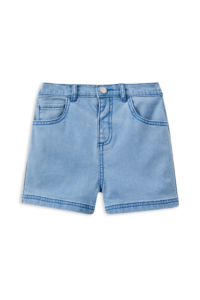 Milky Denim Short. Light blue denim shorts on a white background