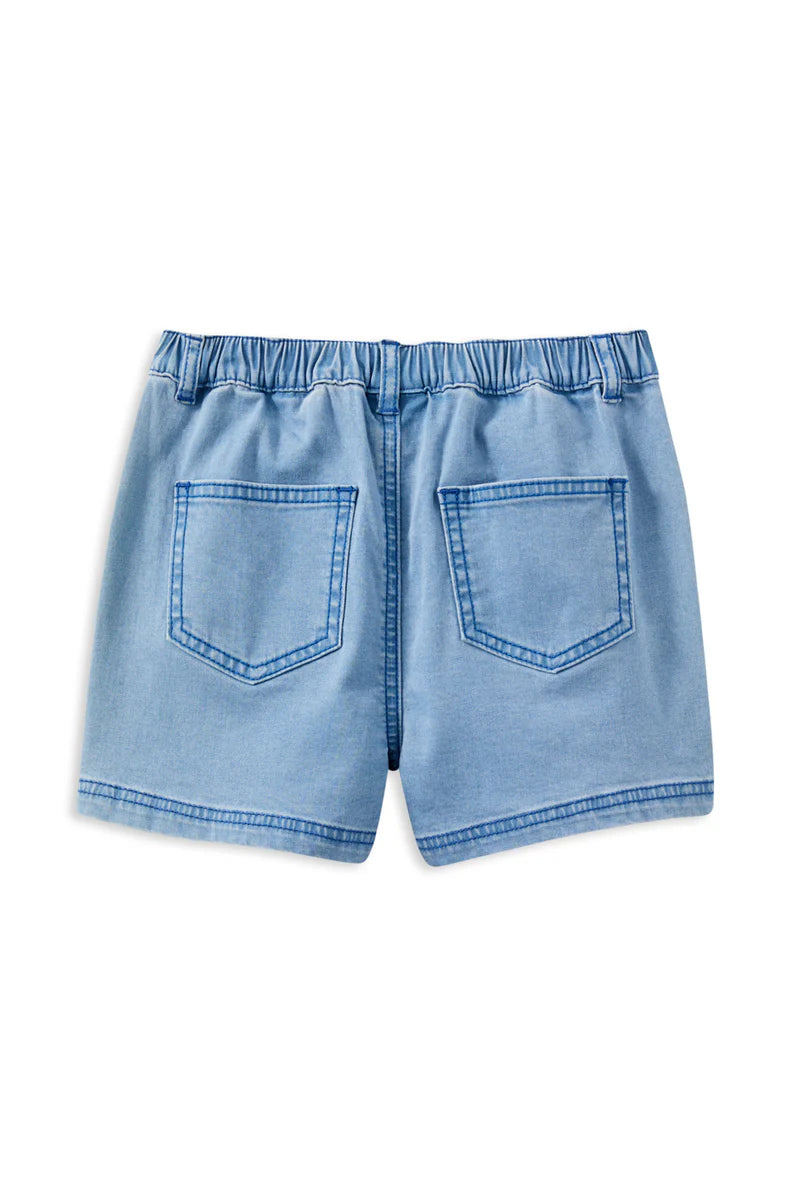 Milky Denim Short. Light blue denim shorts on a white background