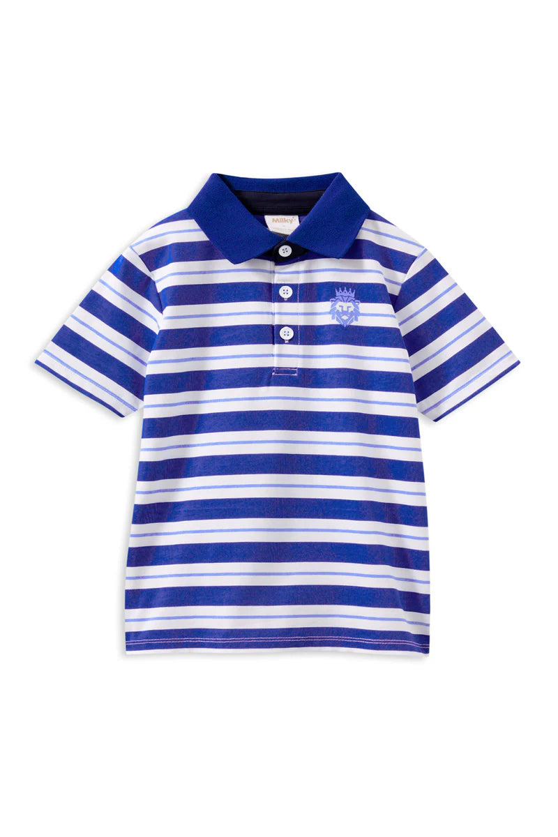 Milky Blue Stripe Rugby. Blue and white striped polo shirt on a white background