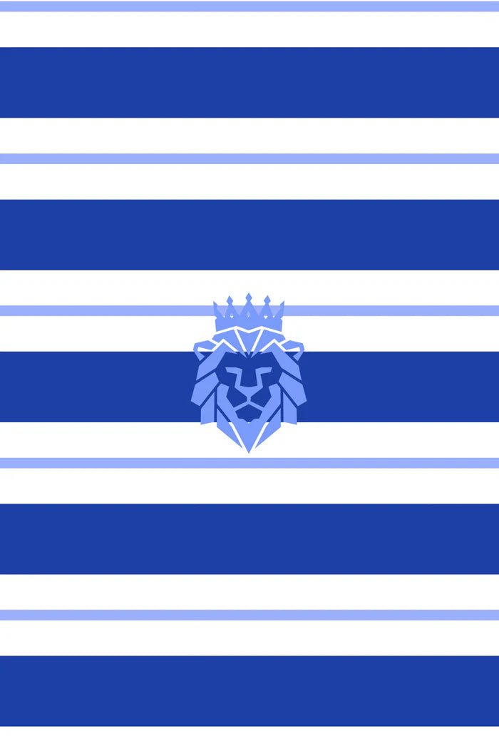 Milky Blue Stripe Rugby. Striped pattern with a central lion emblem on a blue and white background