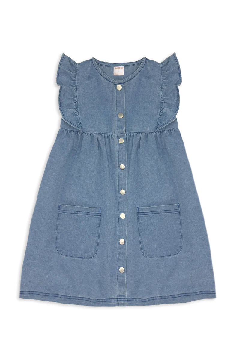 Milky Girl's Denim Frill Dress. Blue denim dress with ruffled sleeves on a white background