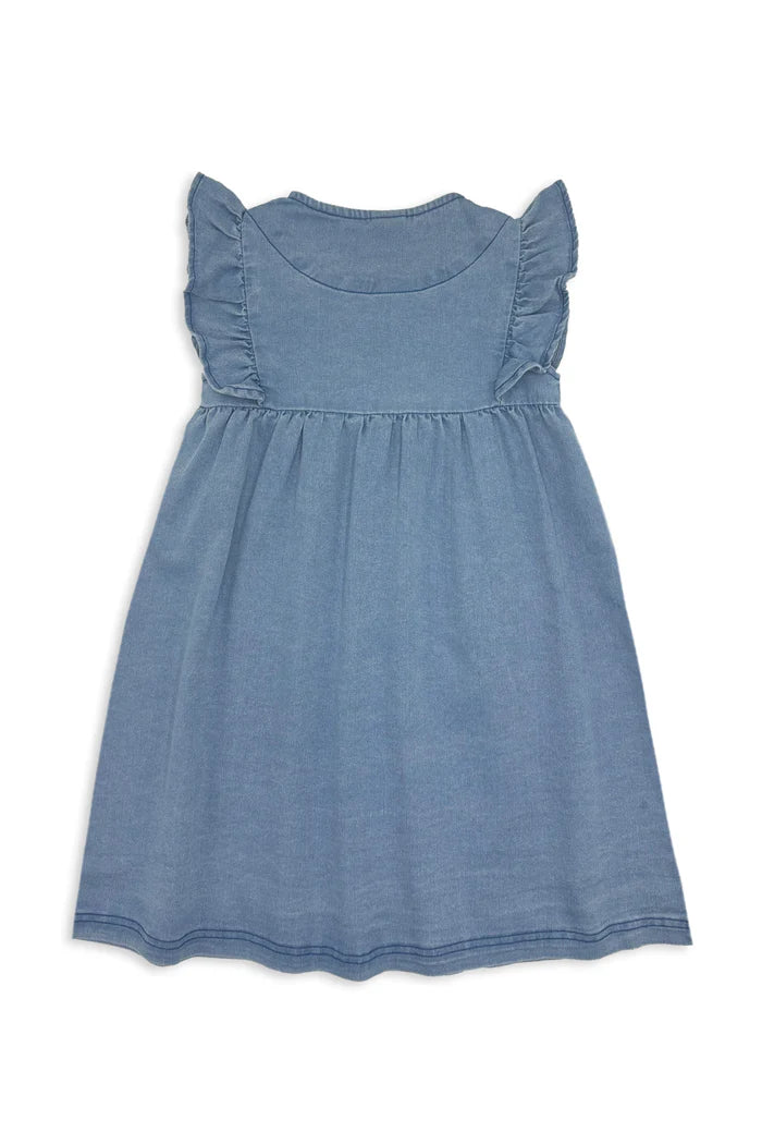Milky Girl's Denim Frill Dress. Blue dress with ruffled straps on a white background