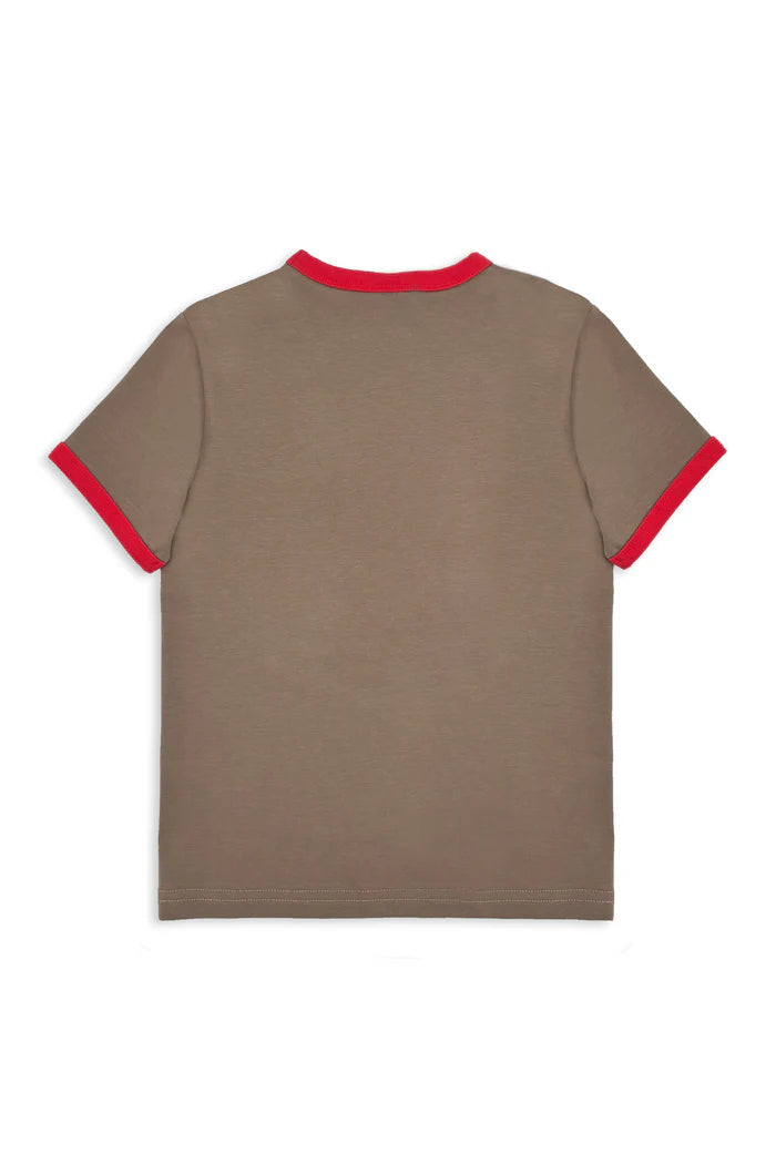 Milky Stay Rowdy Tee. Brown t-shirt with red trim on a white background