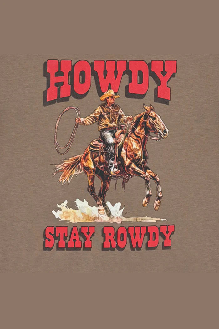 Milky Stay Rowdy Tee. T-shirt with a cowboy graphic and 'Howdy Stay Rowdy' text on a brown background