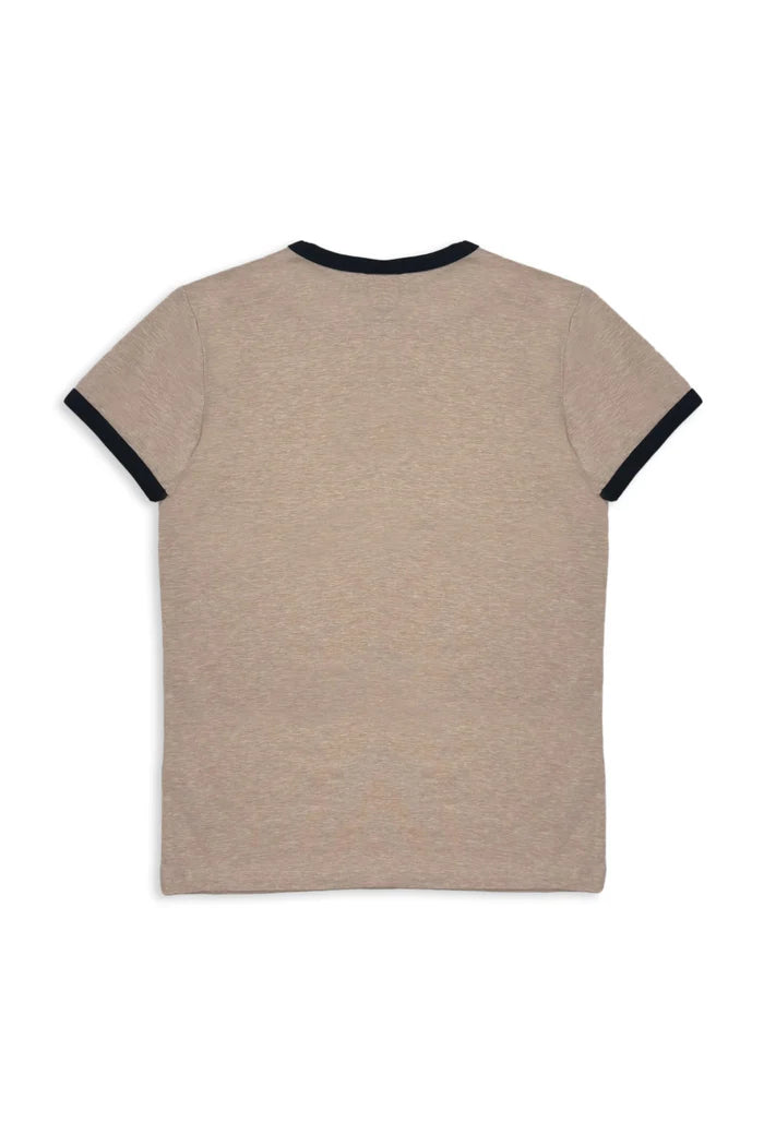 Milky Hold Your Horses Tee. Beige t-shirt with black trim on a white background