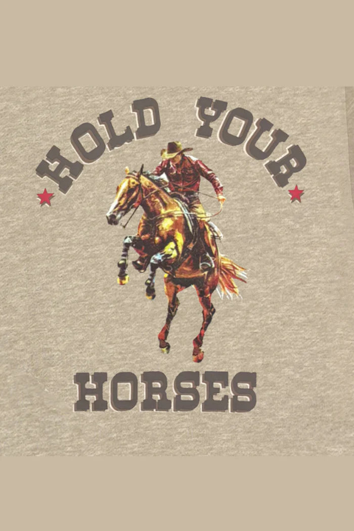 Milky Hold Your Horses Tee. Design with a cowboy on a horse and 'Hold Your Horses' text on a beige background