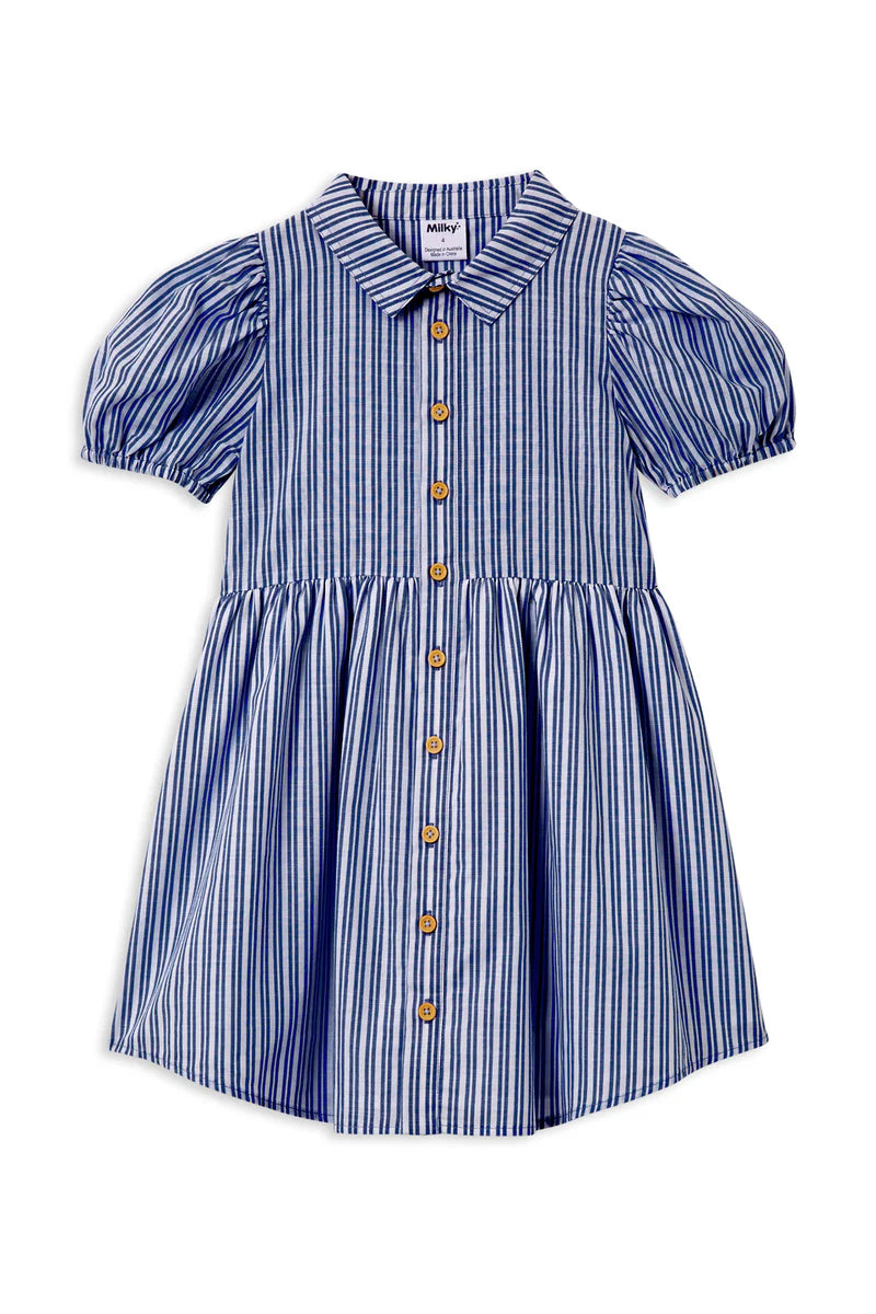 Milky Girl's Marine Stripe Dress. Blue and white striped dress with button details on a white background