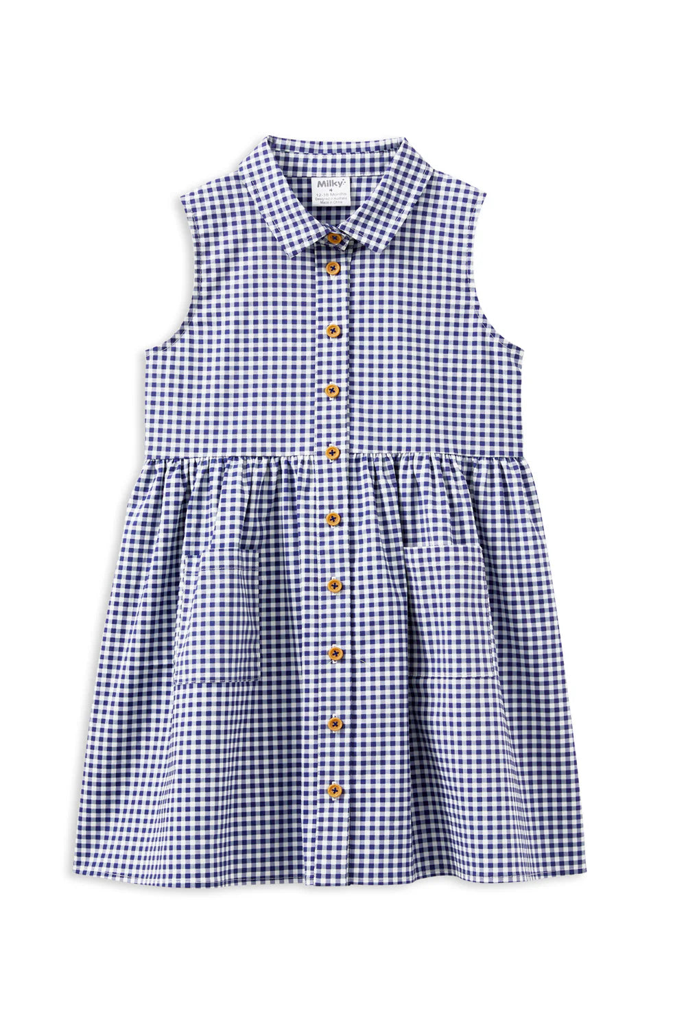 Milky Gingham Dress. Blue and white checkered dress with buttons on a white background