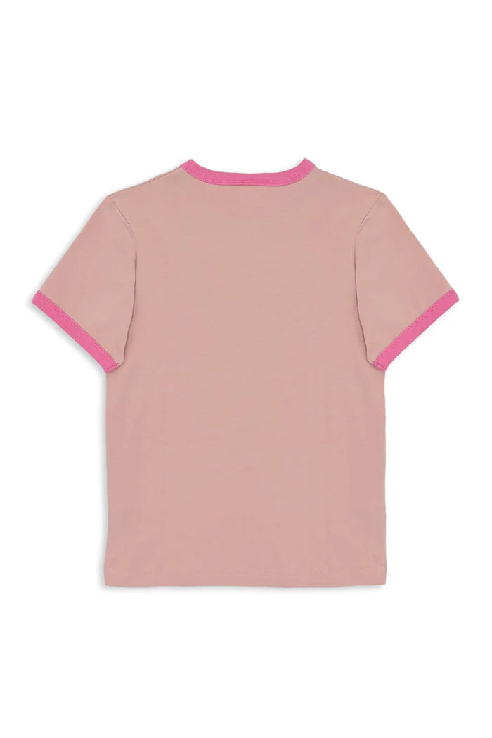 Milky Yee Haw Tee. Pink t-shirt with pink trim on a white background
