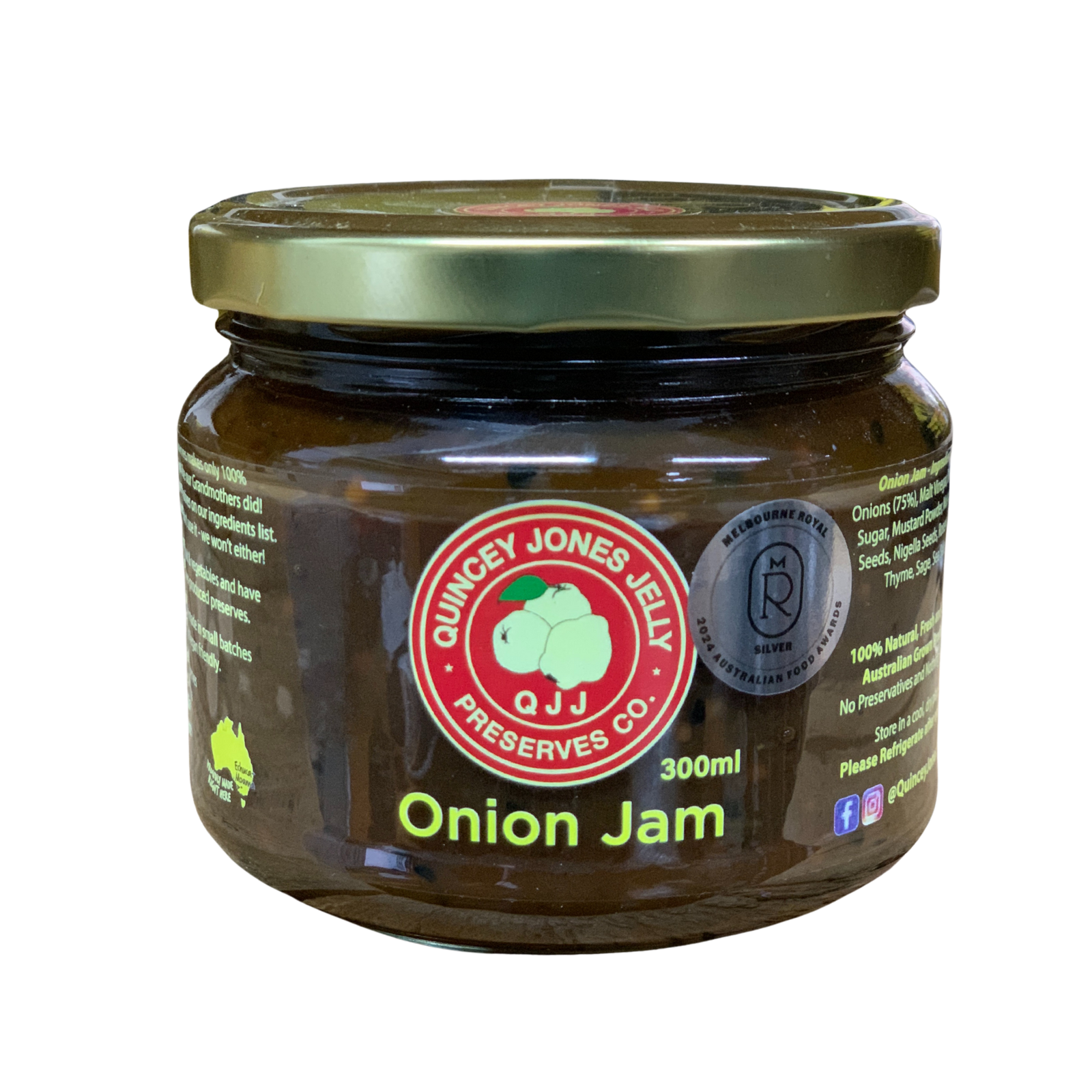 Quincey Jones 300ml Onion Jam. Jar of Onion Jam with Quincy Jones Jelly Preserves Co. label on a white background
