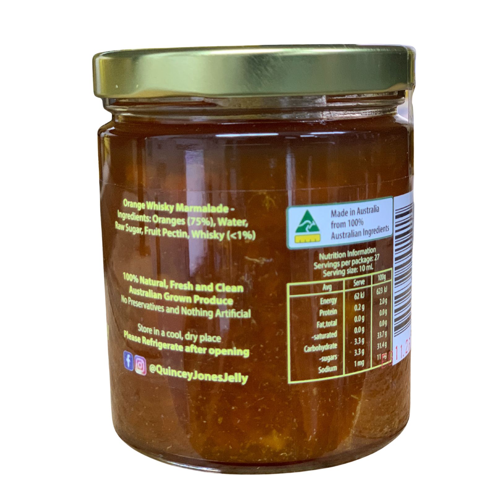 Quincey Jones 190ml Orange Whiskey Marmalade. Jar of Orange Whisky Marmalade with Quincy Jones Jelly Preserves Co. label on a white background