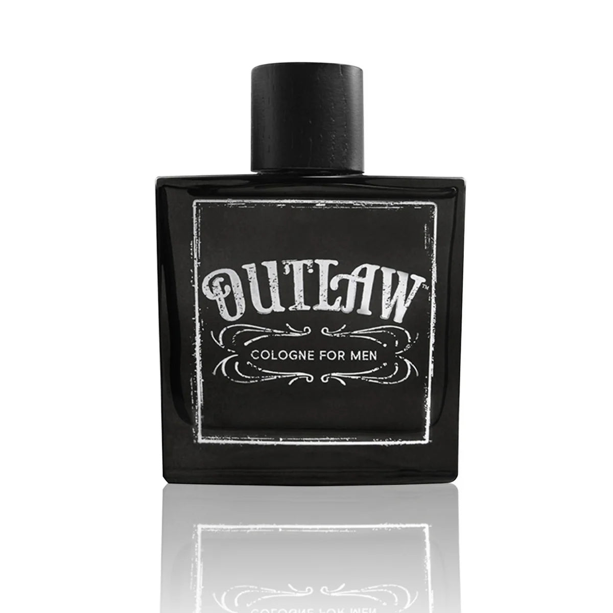 Black cologne bottle labeled 'Outlaw' on a white background