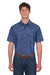 Pure Western Men's Travis S/S Western Shirt. Man wearing a blue patterned shirt and jeans on a white background