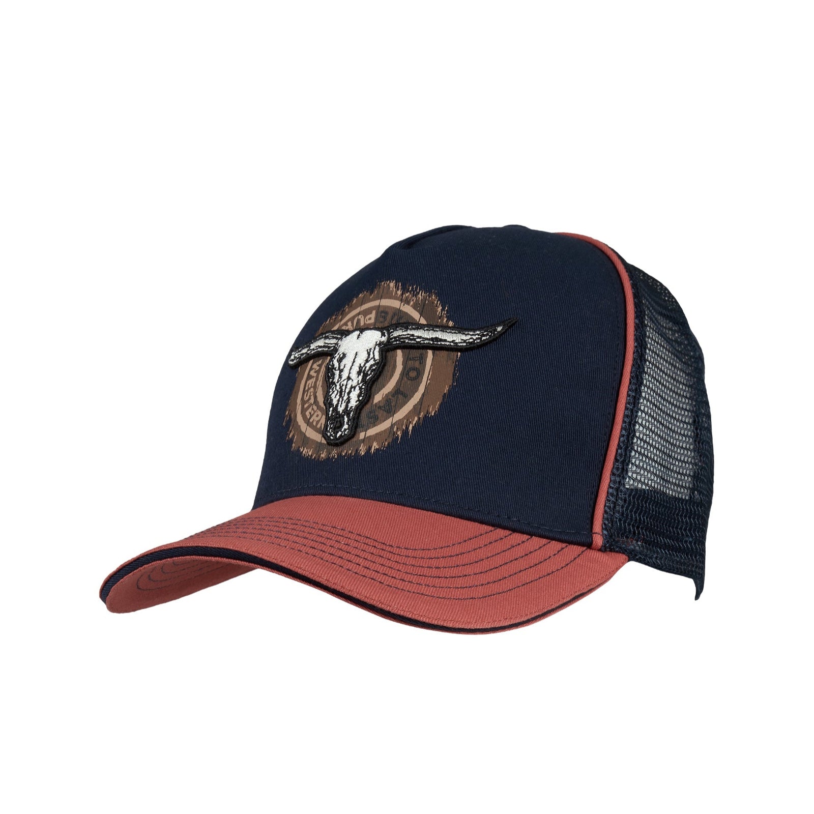 Pure Western Men's Samuel HP Trucker Cap. Navy and red trucker cap with bull logo on a white background