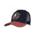 Pure Western Men's Samuel HP Trucker Cap. Navy and red trucker cap with bull logo on a white background
