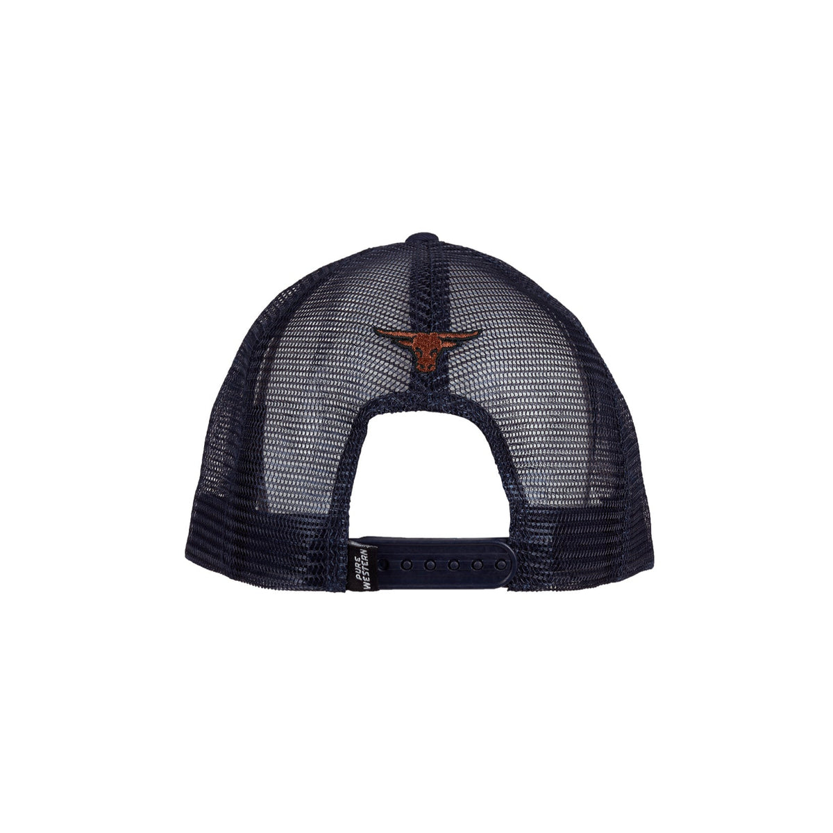 Pure Western Men's Samuel HP Trucker Cap. Navy blue mesh cap with a logo on a white background