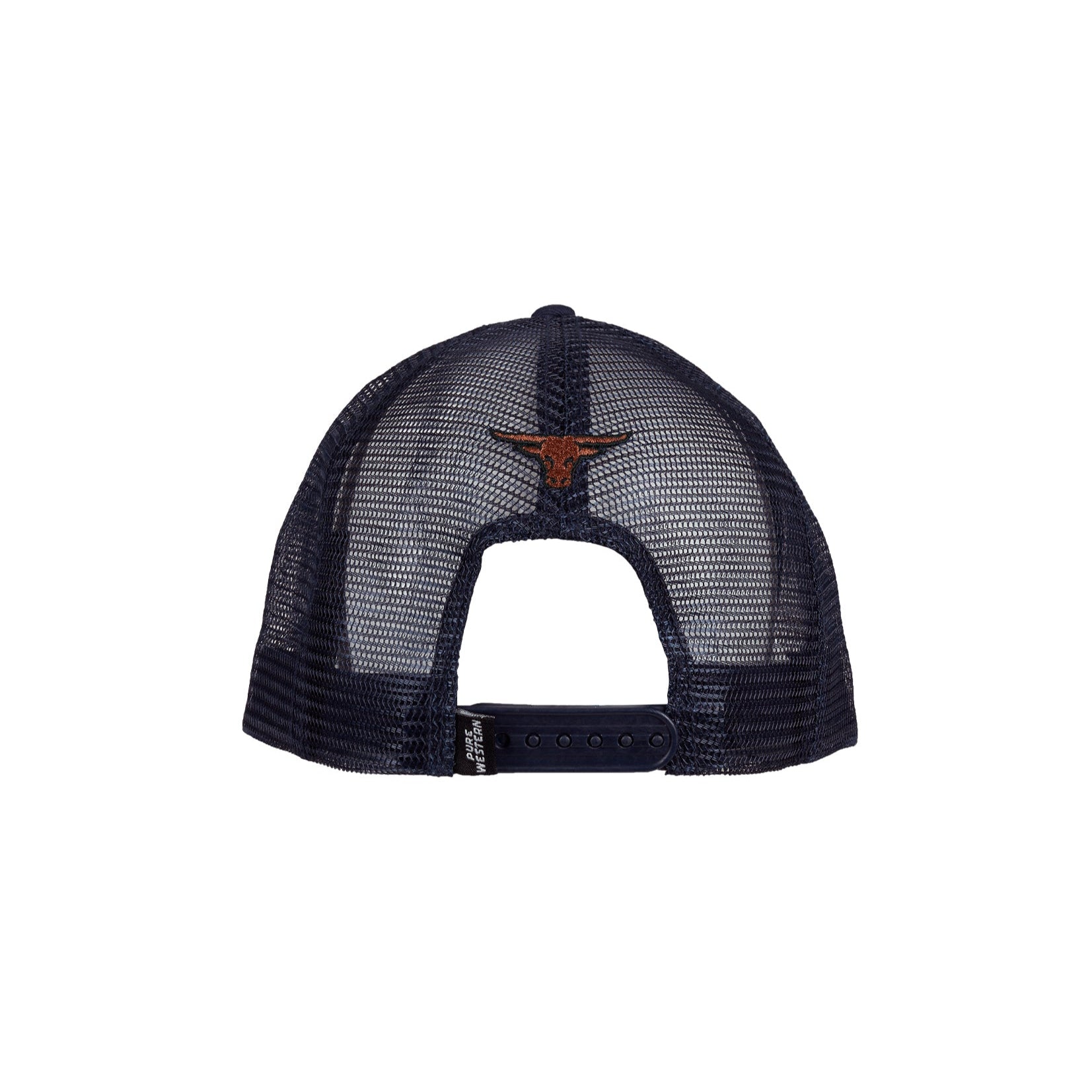 Pure Western Men's Samuel HP Trucker Cap. Navy and red trucker cap with bull logo on a white background