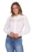 Pure Western Women's Monica L/S Western Shirt. Woman wearing a white blouse with lace details and blue jeans on a white background