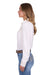 Pure Western Women's Monica L/S Western Shirt. Woman wearing a white blouse with lace details and blue jeans on a white background