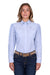 Pure Western Women's Lexi L/S Western Shirt. Woman wearing a light blue denim shirt and dark jeans on a white background