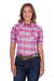 Pure Western Women's Leni S/S Western Shirt. Woman wearing a pink plaid shirt and blue jeans on a white background