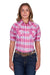 Pure Western Women's Leni S/S Western Shirt. Woman wearing a pink plaid shirt and dark jeans on a white background