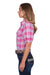 Pure Western Women's Leni S/S Western Shirt. Woman wearing a pink plaid shirt and blue jeans on a white background
