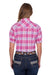 Pure Western Women's Leni S/S Western Shirt. Person wearing a pink plaid shirt and blue jeans on a white background