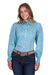 Pure Western Women's Riley L/S Western Shirt. Woman wearing a blue patterned shirt and dark jeans on a white background