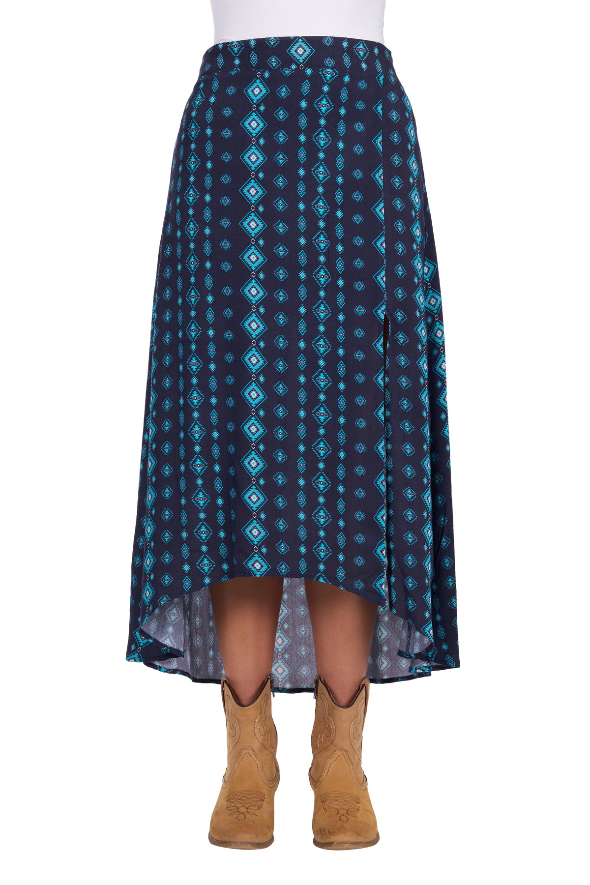 Pure Western Women&#39;s Agatha Skirt. Blue patterned skirt worn by a person on a white background
