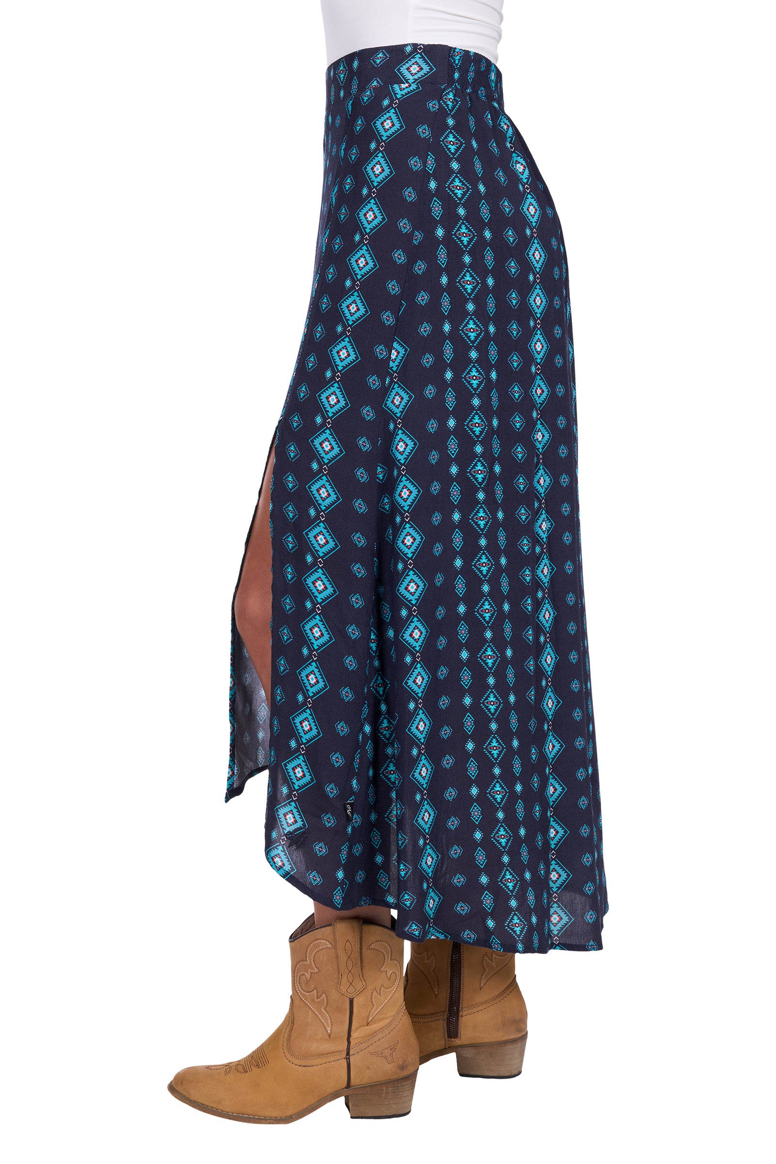 Pure Western Women's Agatha Skirt. Blue patterned skirt worn by a person on a white background