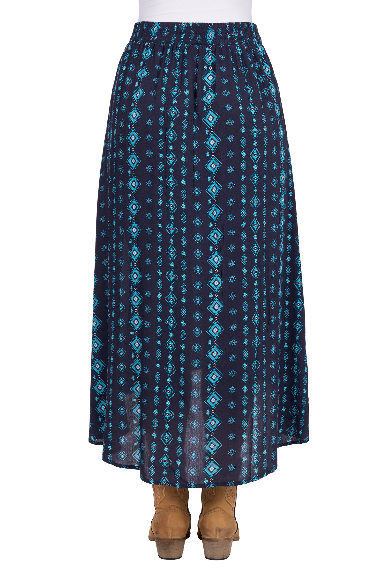 Pure Western Women's Agatha Skirt. Blue patterned skirt worn with brown boots on a white background
