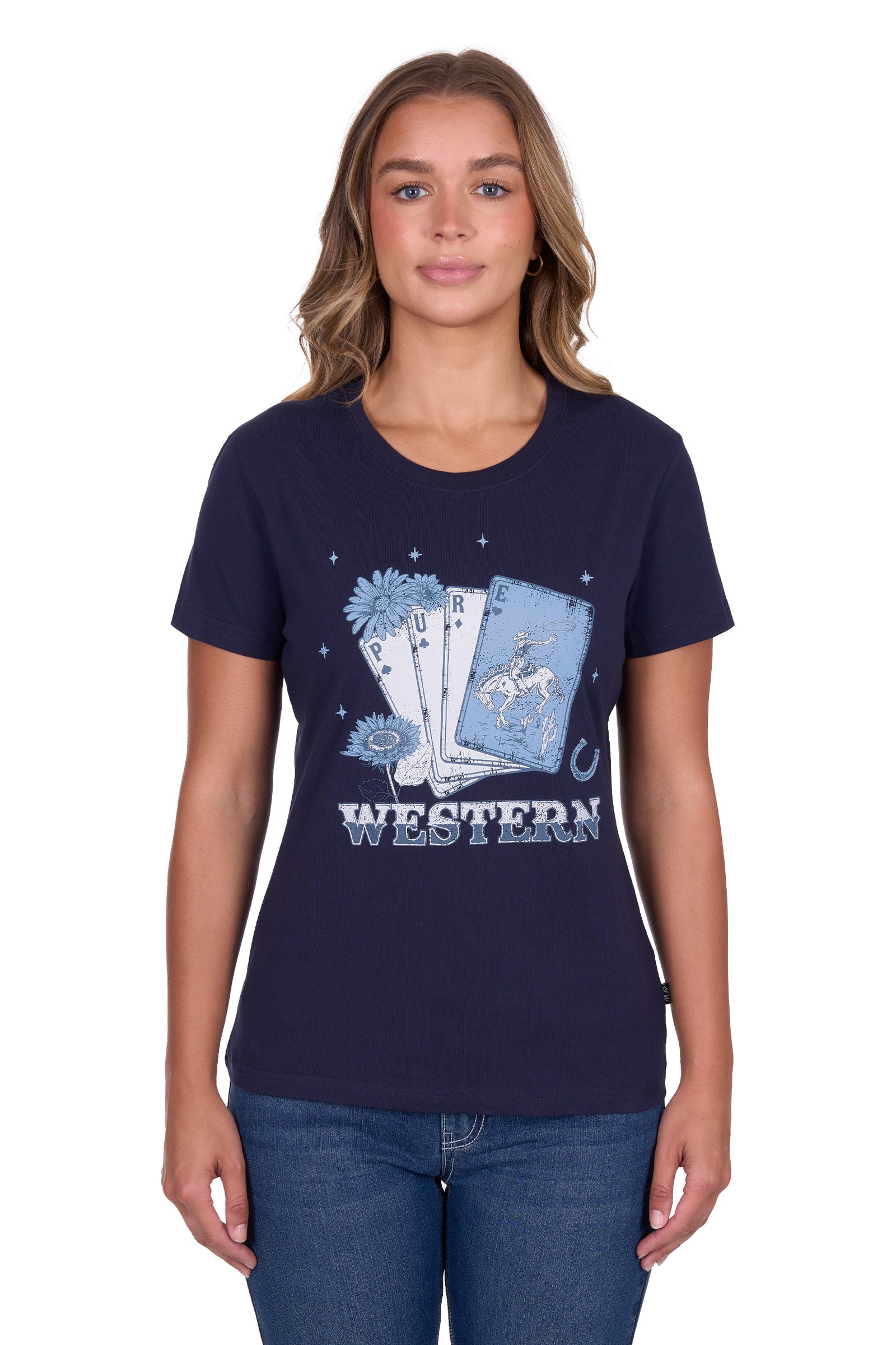 Pure Western Women's Sherry T-Shirt. Woman wearing a navy blue t-shirt with a graphic design and the word 'Western'.