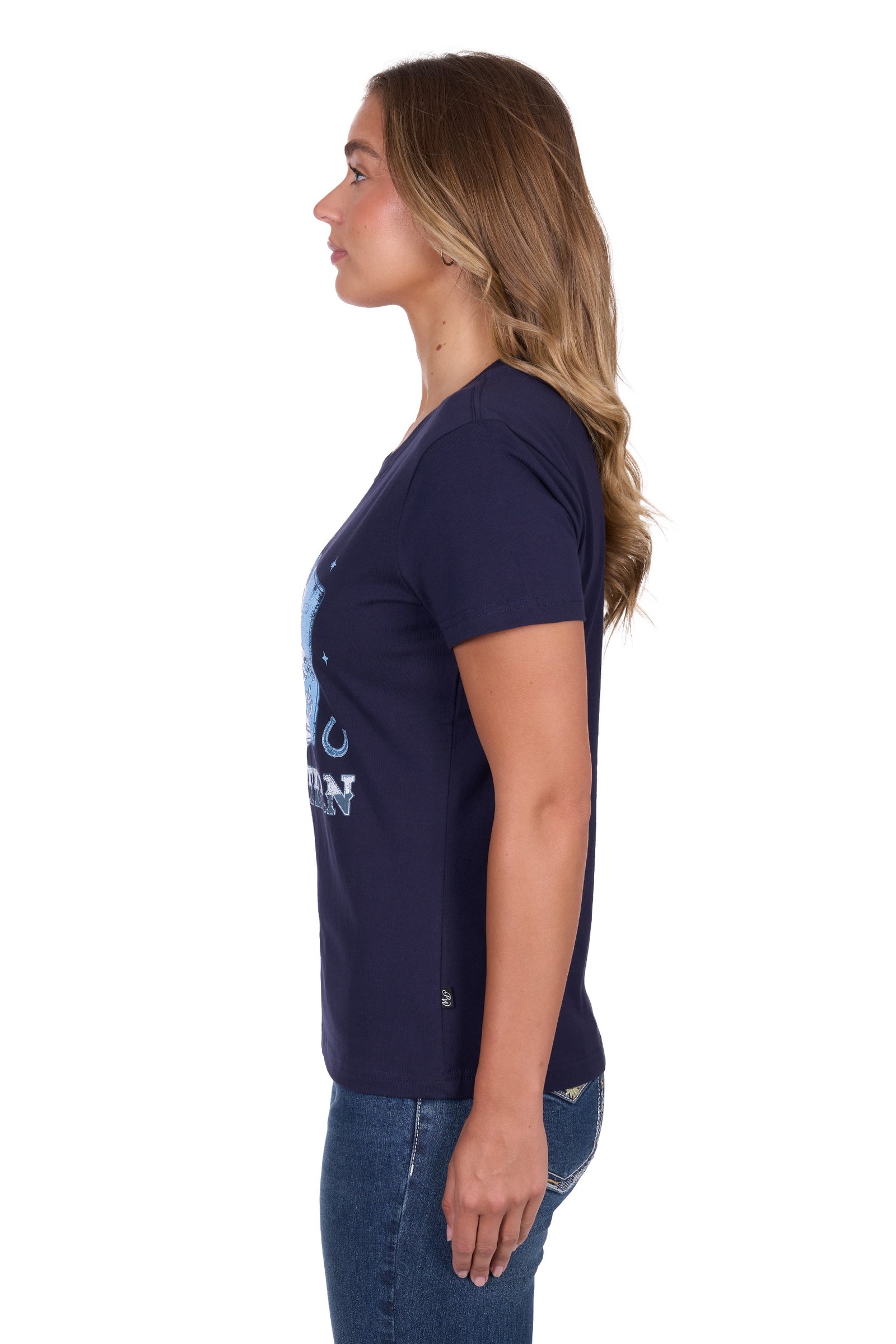 Pure Western Women's Sherry T-Shirt. Woman wearing a navy blue t-shirt with a graphic design and the word 'Western'.