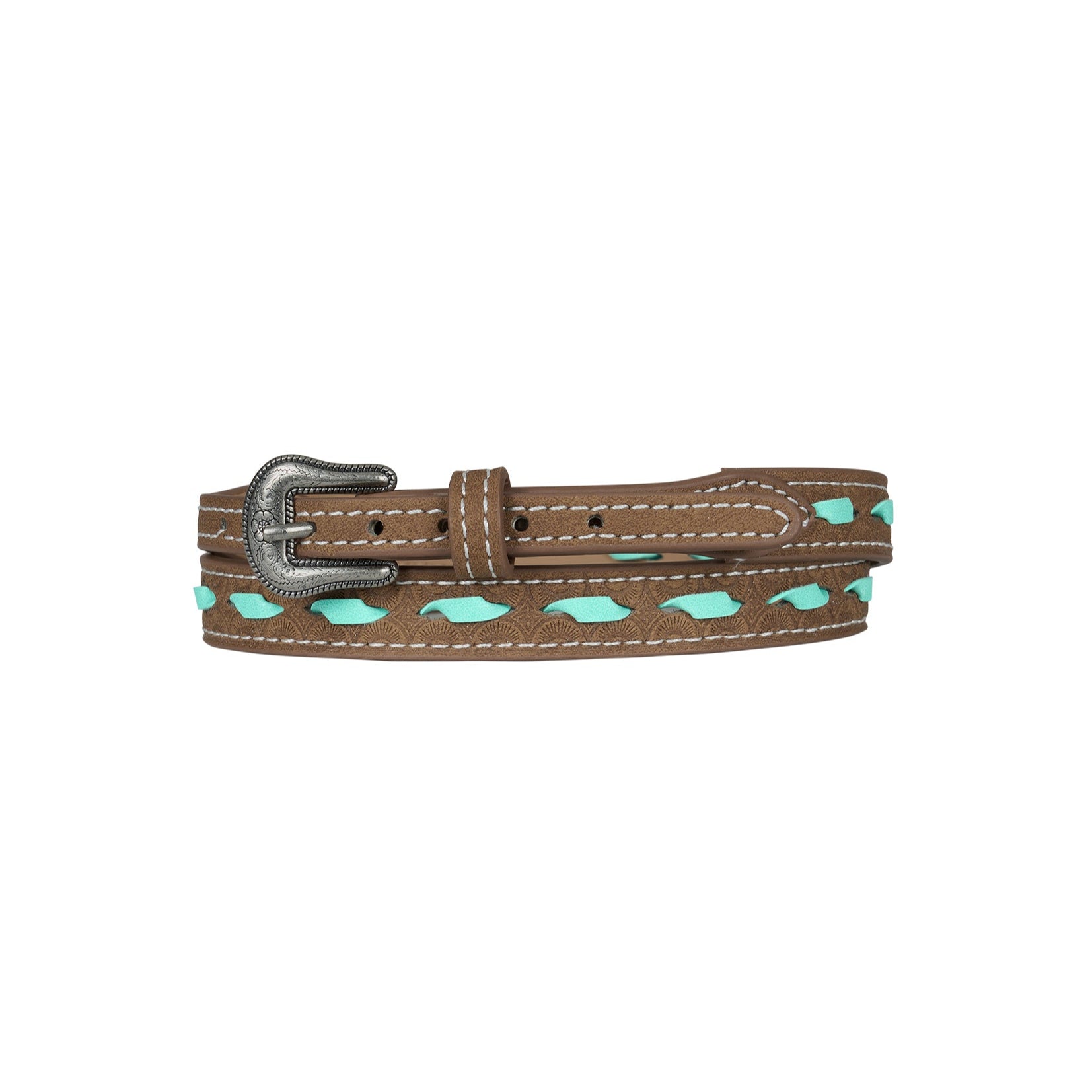 Pure Western Martine Hat Band. Brown leather hatband with turquoise accents on a white background
